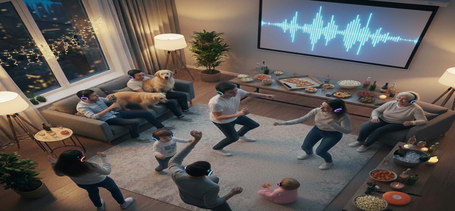 silent disco livingroom at home - babies, dogs, teanager, granparents, papa and mama enjoy silentdisco.de headphones