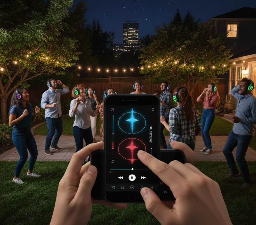 SilenTunes App auf einem Smartphone: Gäste einer Silent Disco voten live für Songs und gestalten die Playlist selbst.
