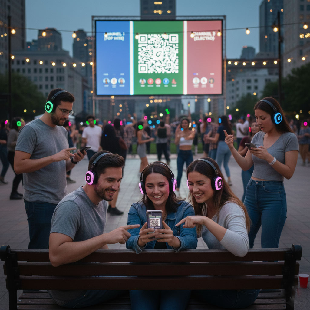 A vibrant outdoor silent disco where the crowd holds the DJ power. In the foreground, friends sit and use their smartphones to vote for tracks via SilenTunes. Behind them, guests dance while others stand and browse music on their phones. Everyone wears glowing LED headphones, with a large QR code in the background serving as the digital ballot for the Republic of the Dancefloor.