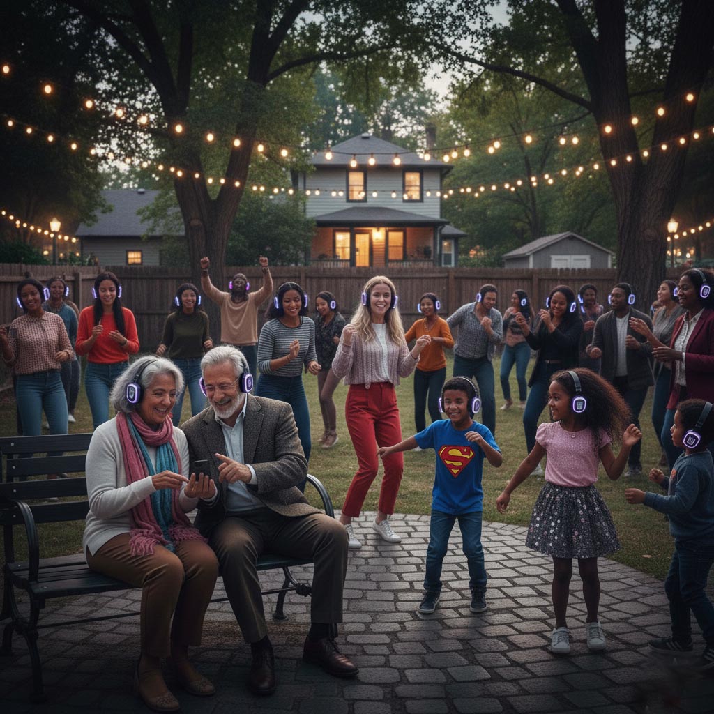 A backyard silent disco with an elderly couple on a bench, children dancing, and neighbors in the background.