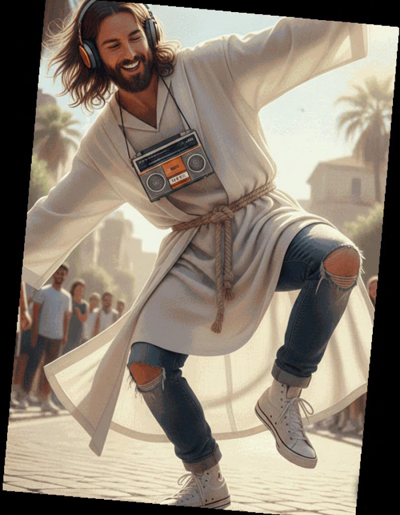 silent disco jesus dancing in the street with walkman headphones - the first silent disco ever