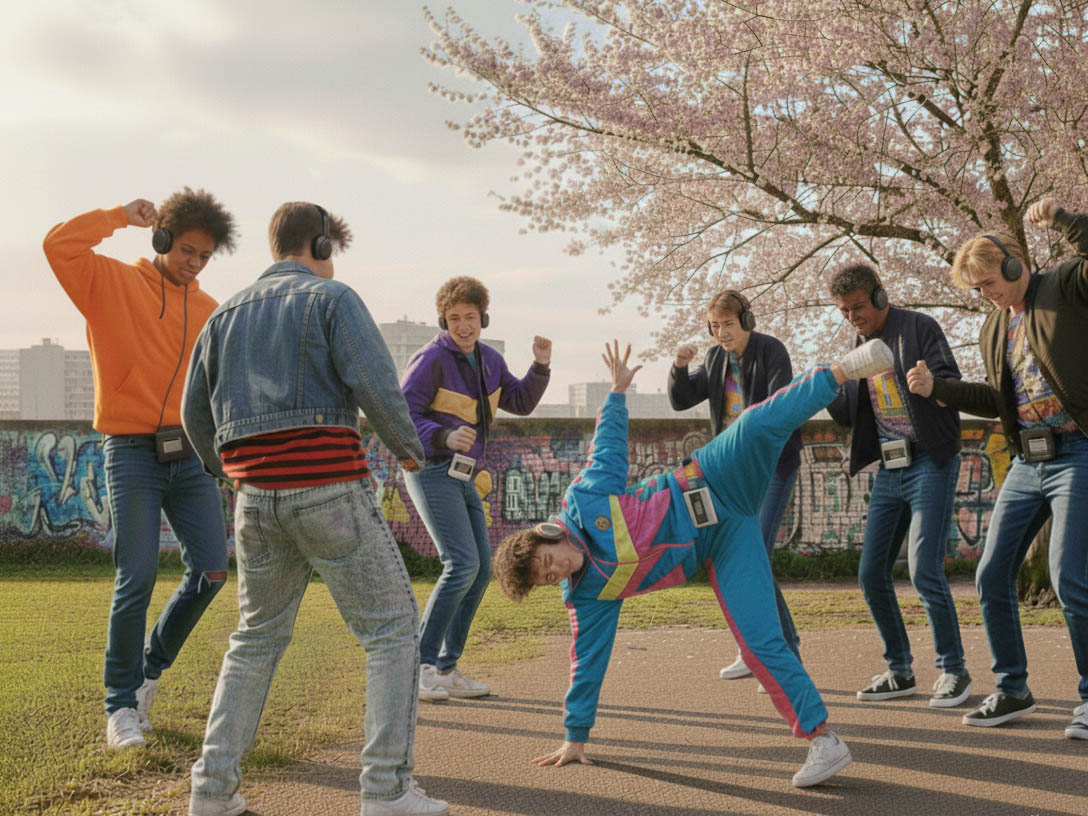 A digital reimagining of 1980s Moita, Portugal, showing teenagers in retro fashion having a "silent disco" in a park. They wear Walkmans and headphones while dancing with a breakdancer in the center.